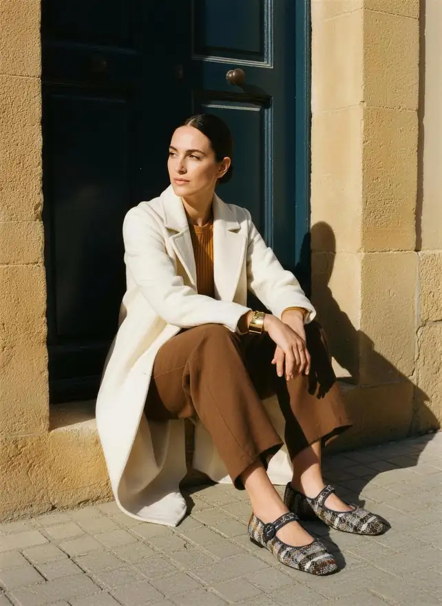 Imagen de campaña de Pretty Ballerinas creada con iA: mujer con abrigo blanco sentada en un portal al sol con merceditas de tweed