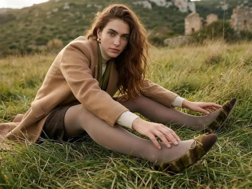 Imagen de campaña de Pretty Ballerinas creada con iA: mujer con abrigo camel sentada en la hierba alta con bailarinas de pelo